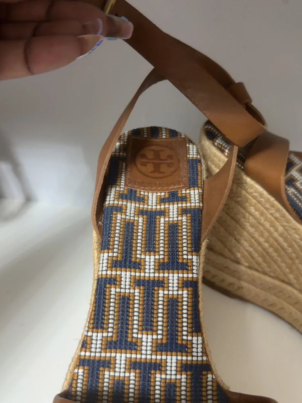 Tory Burch Tan and Navy Beaded Espadrille Wedge Sandals